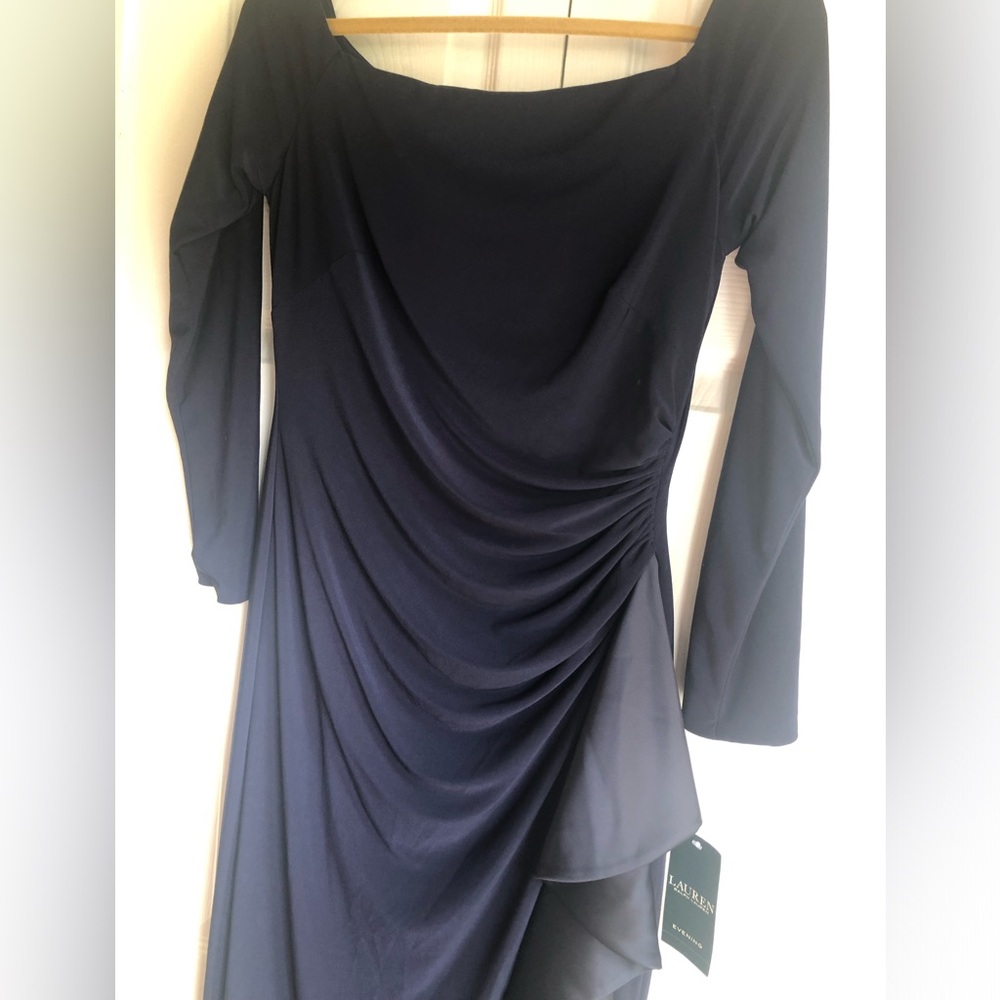 Ralph Lauren Navy Evening Gown, quarter sleeve, silk ruffle. Size 8. New w/tags.
